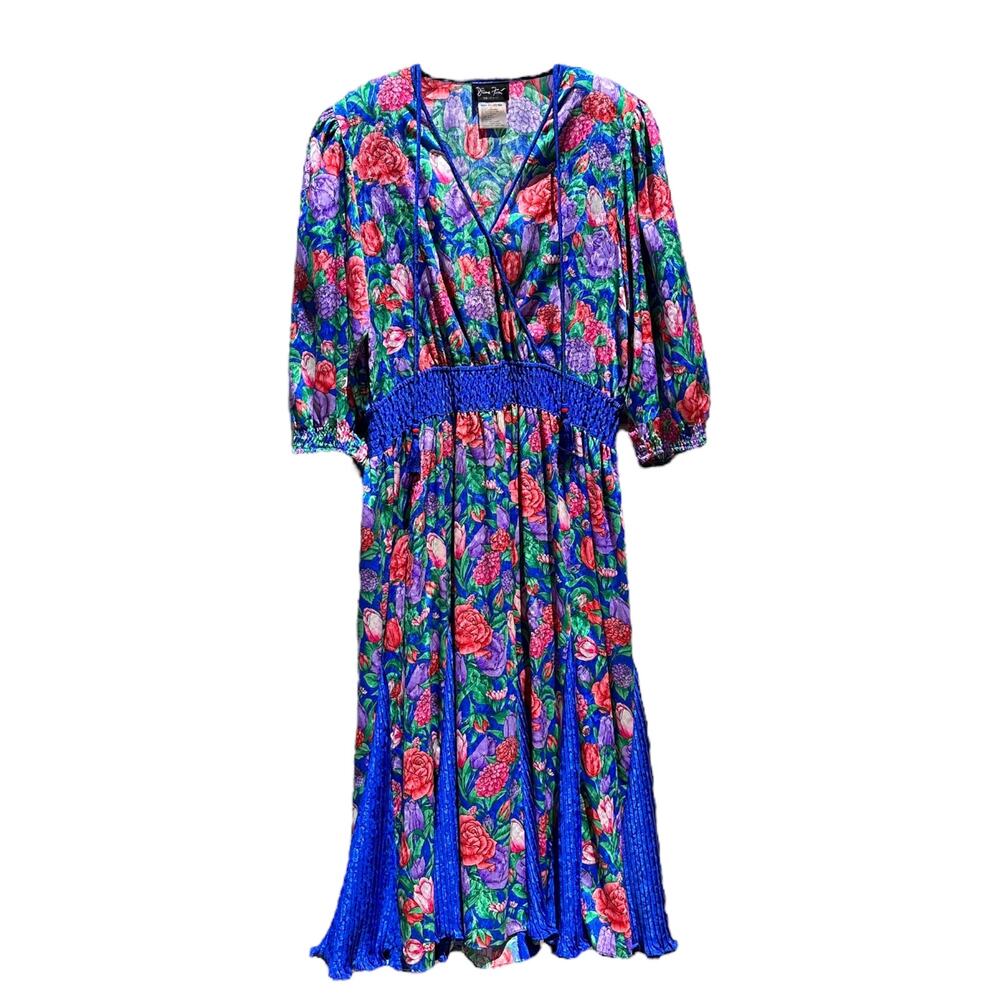 Diane Freis Blue Floral Maxi Dress Georgette 3/4 Balloon Sleeves Size Large